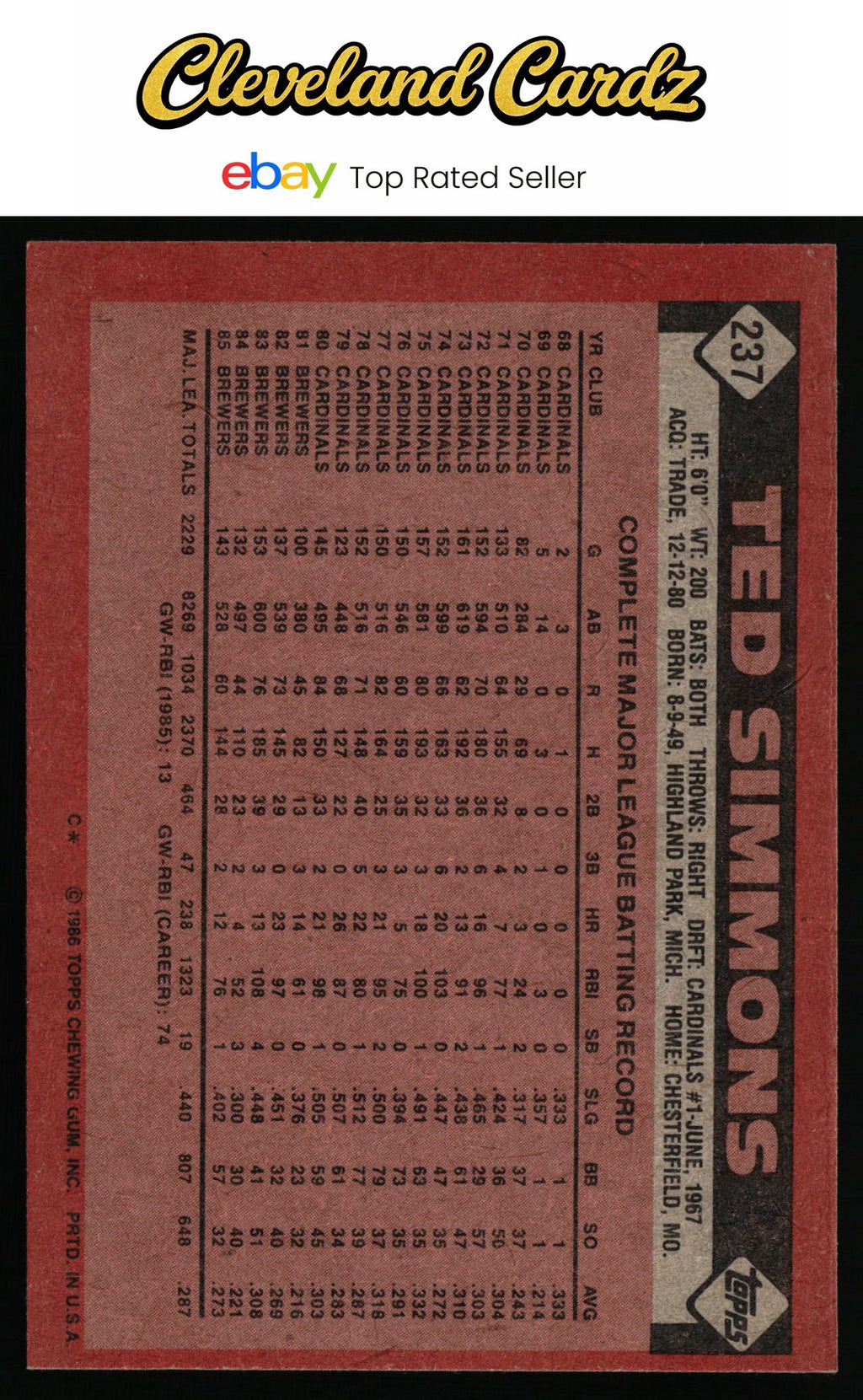 1986 Topps #237 Ted Simmons
