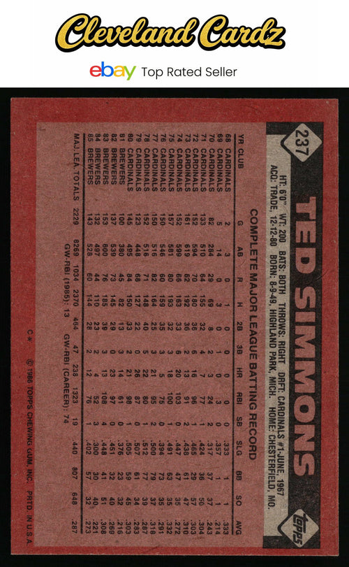 1986 Topps #237 Ted Simmons