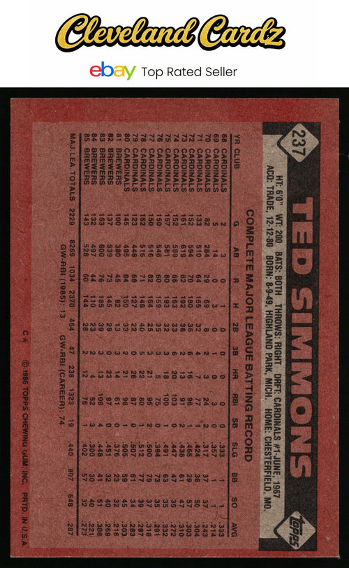 1986 Topps #237 Ted Simmons