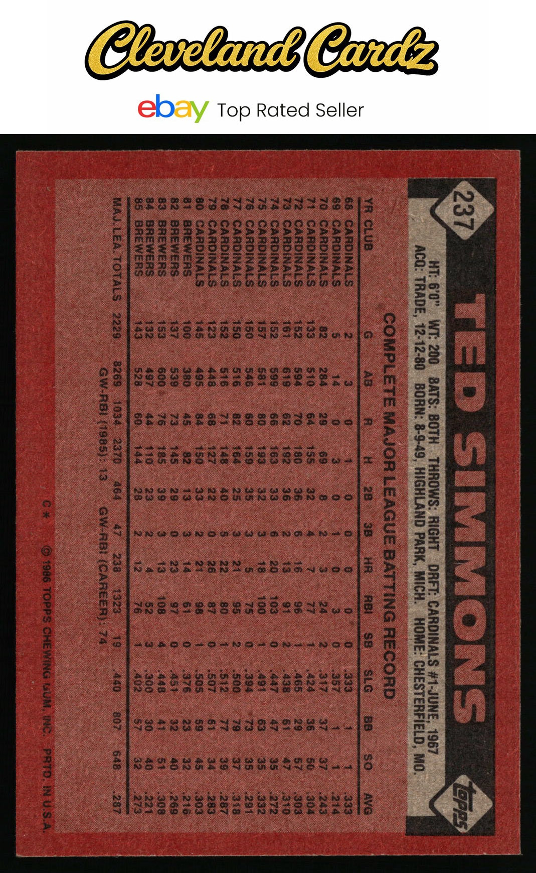 1986 Topps #237 Ted Simmons