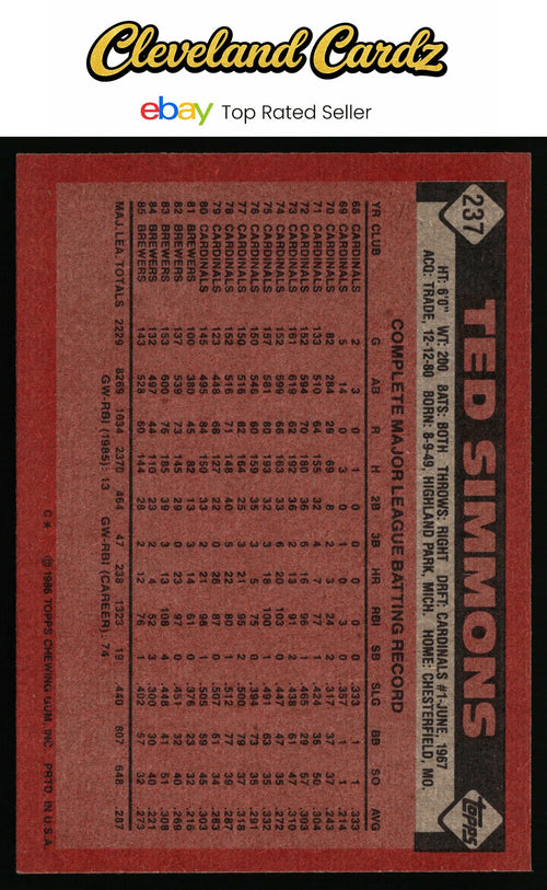 1986 Topps #237 Ted Simmons