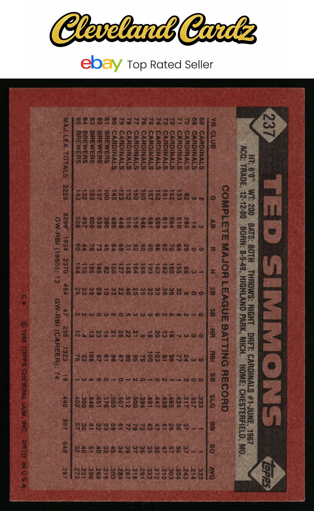1986 Topps #237 Ted Simmons