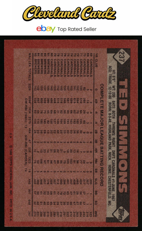 1986 Topps #237 Ted Simmons