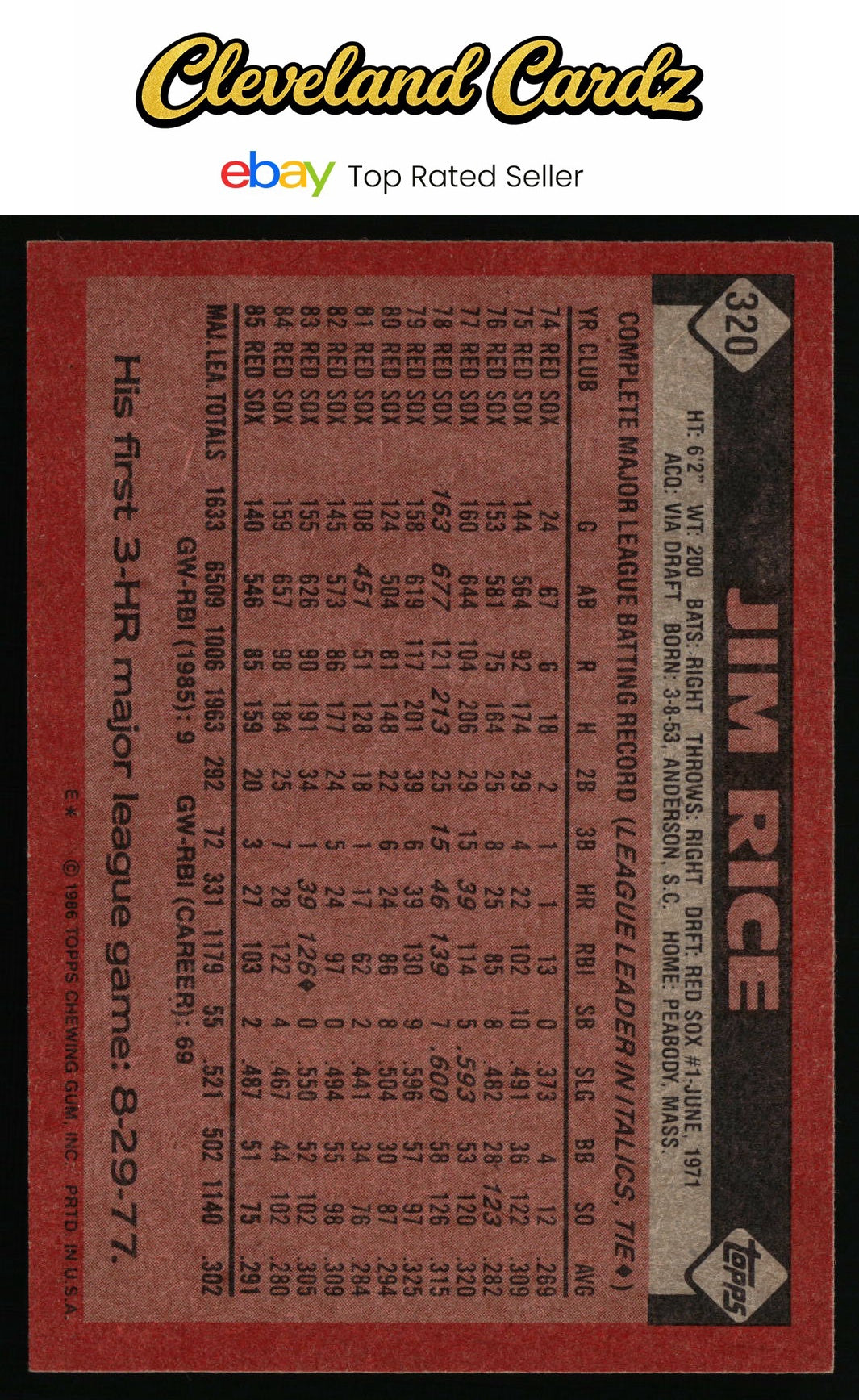 1986 Topps #320 Jim Rice