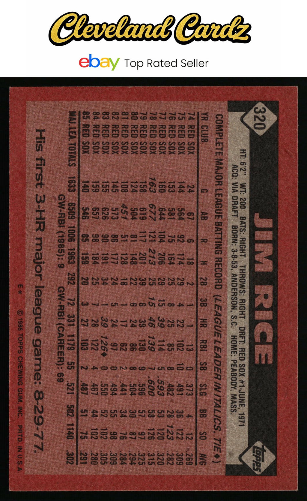 1986 Topps #320 Jim Rice