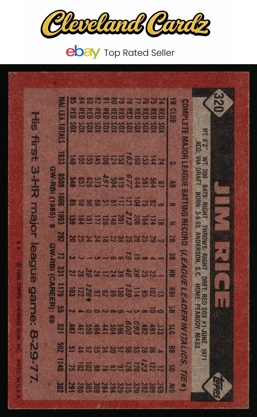 1986 Topps #320 Jim Rice