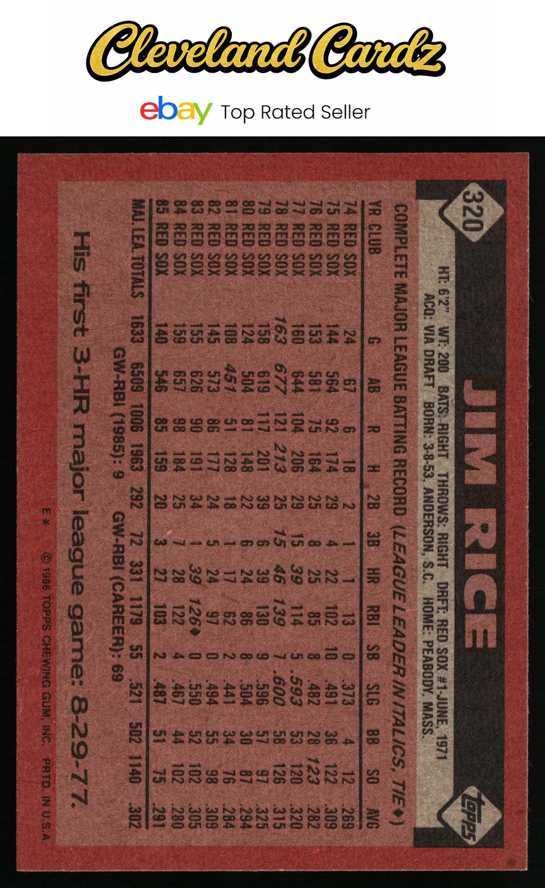 1986 Topps #320 Jim Rice