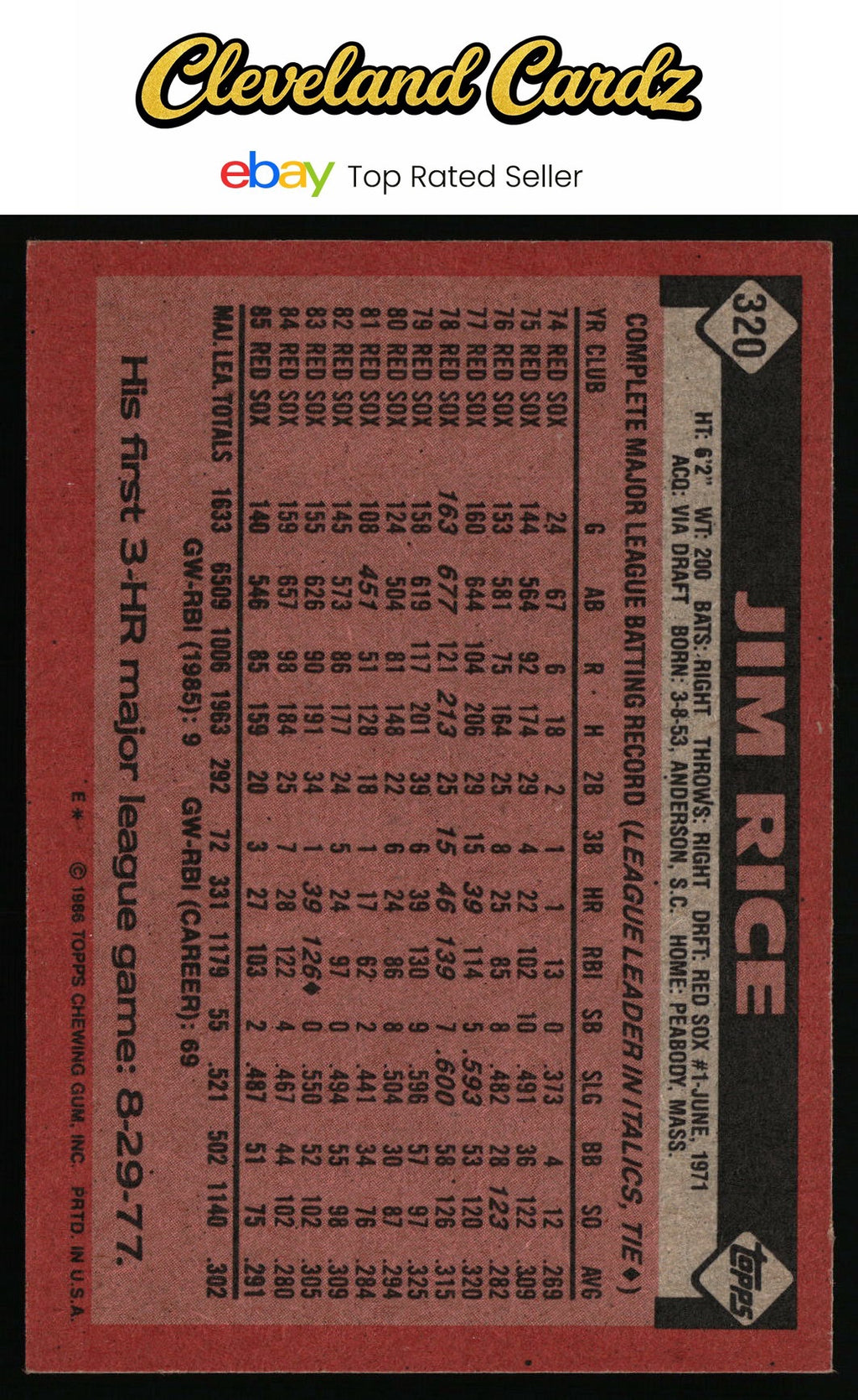 1986 Topps #320 Jim Rice