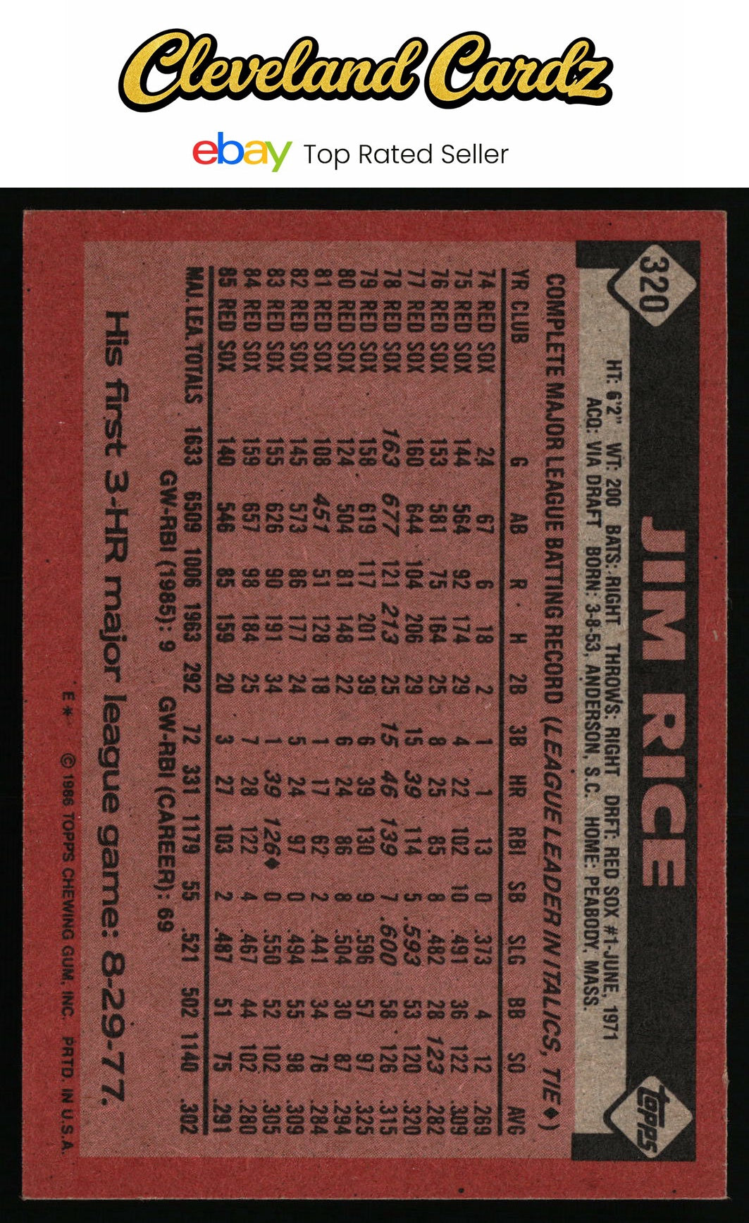 1986 Topps #320 Jim Rice