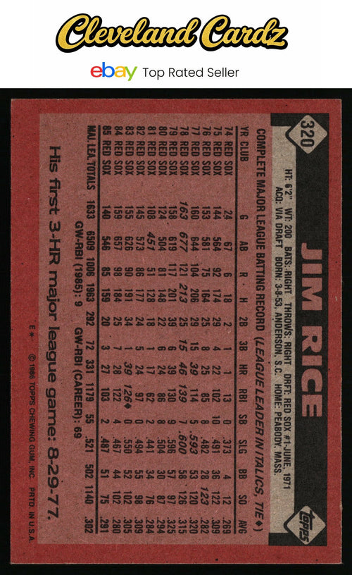 1986 Topps #320 Jim Rice