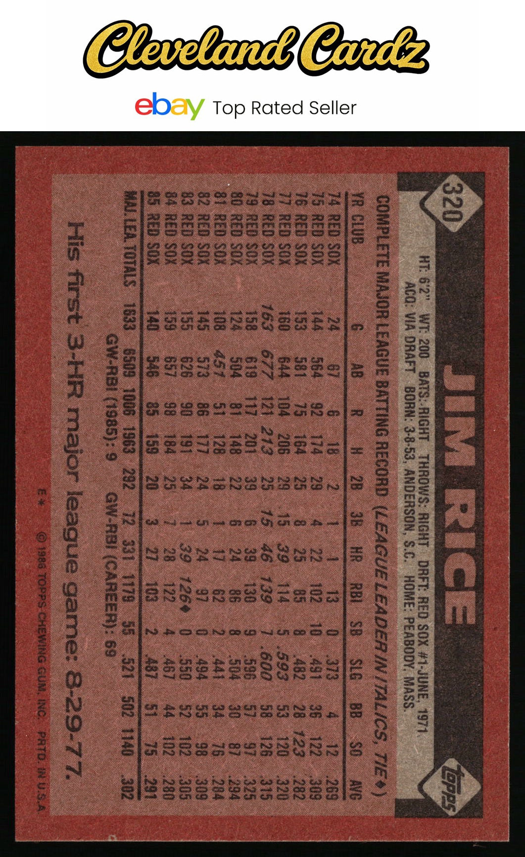 1986 Topps #320 Jim Rice