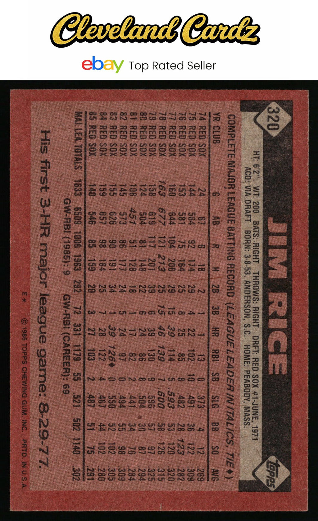 1986 Topps #320 Jim Rice