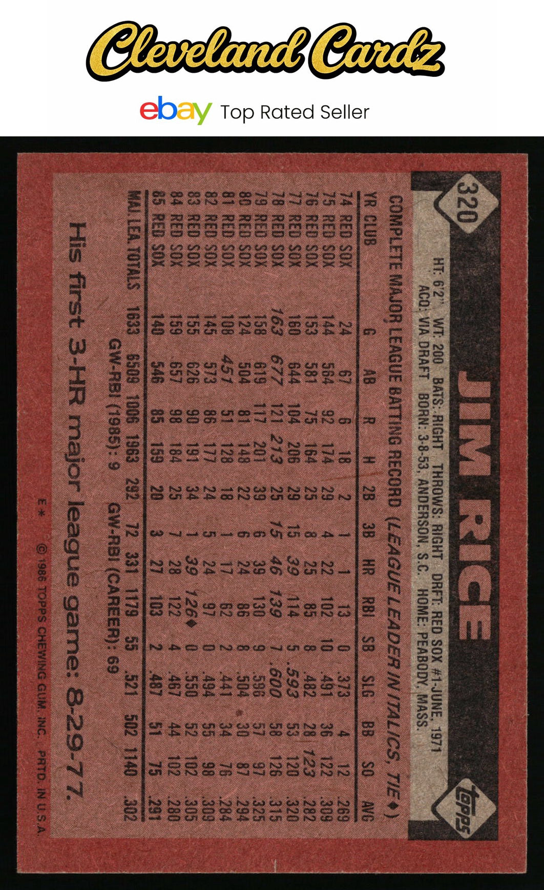1986 Topps #320 Jim Rice