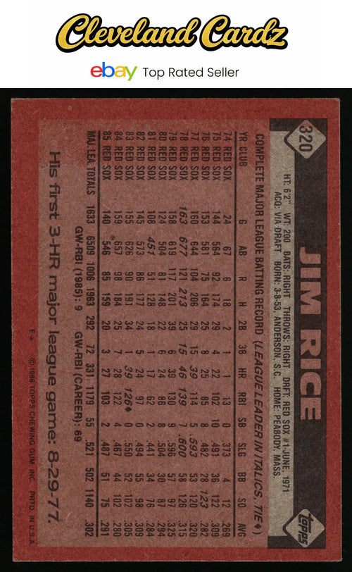 1986 Topps #320 Jim Rice