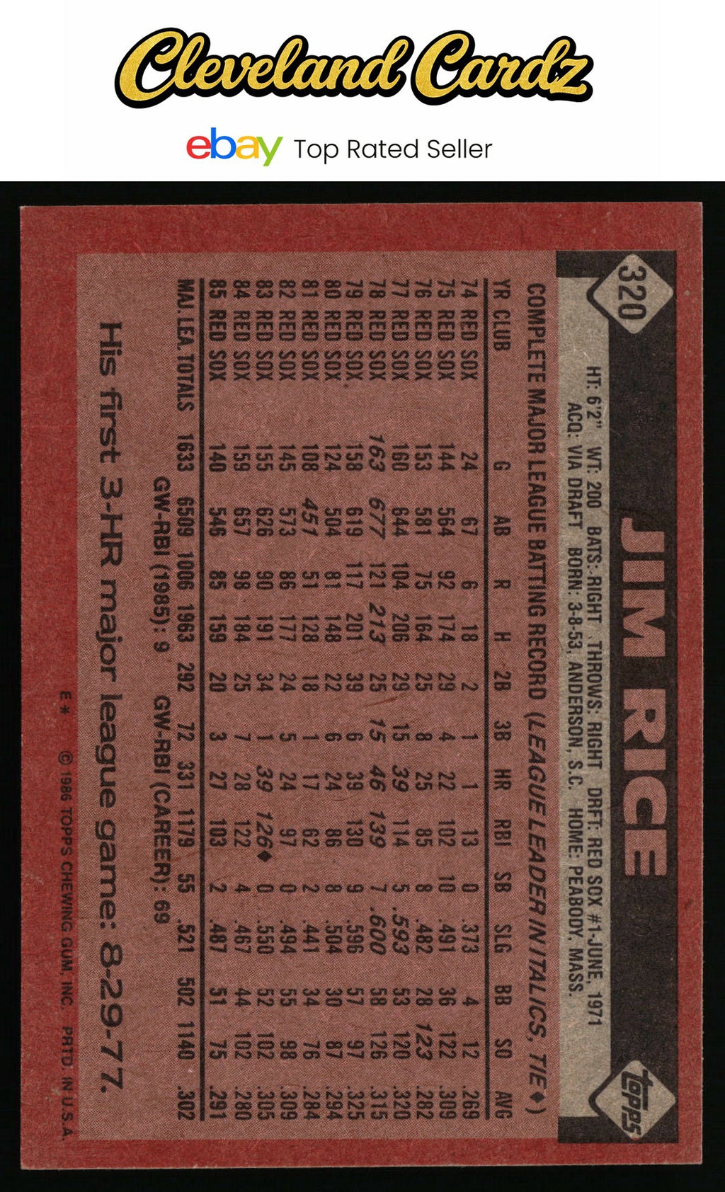 1986 Topps #320 Jim Rice