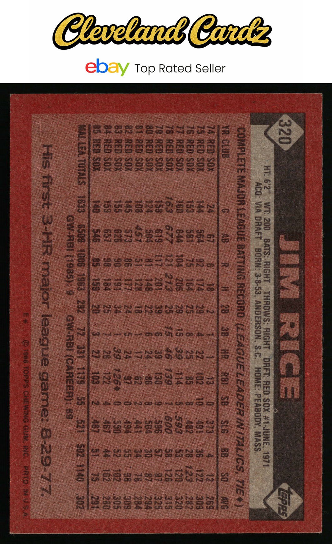 1986 Topps #320 Jim Rice