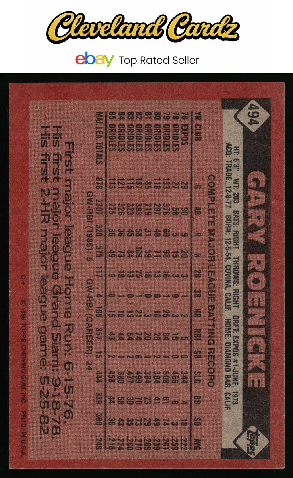 1986 Topps #494 Gary Roenicke