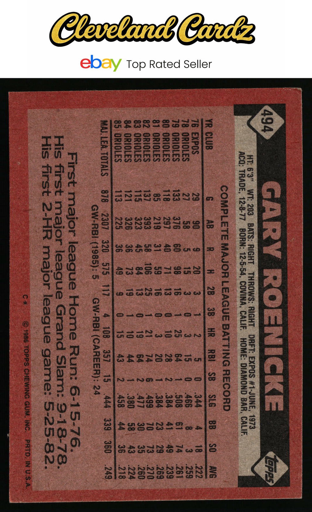 1986 Topps #494 Gary Roenicke