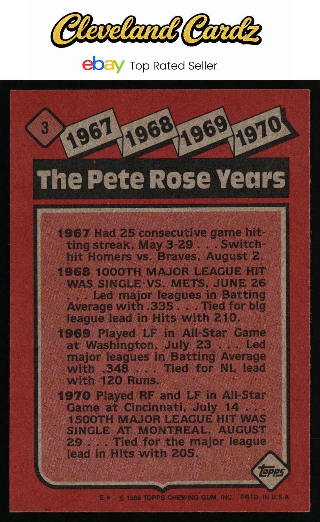 1986 Topps #3 The Pete Rose Years: 1967-1970 TPRY