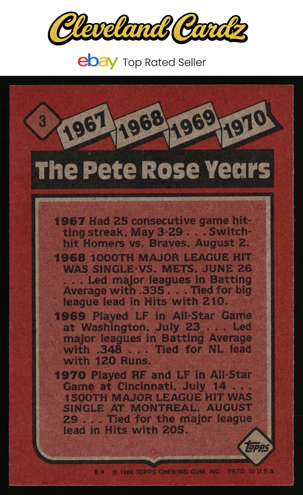 1986 Topps #3 The Pete Rose Years: 1967-1970 TPRY