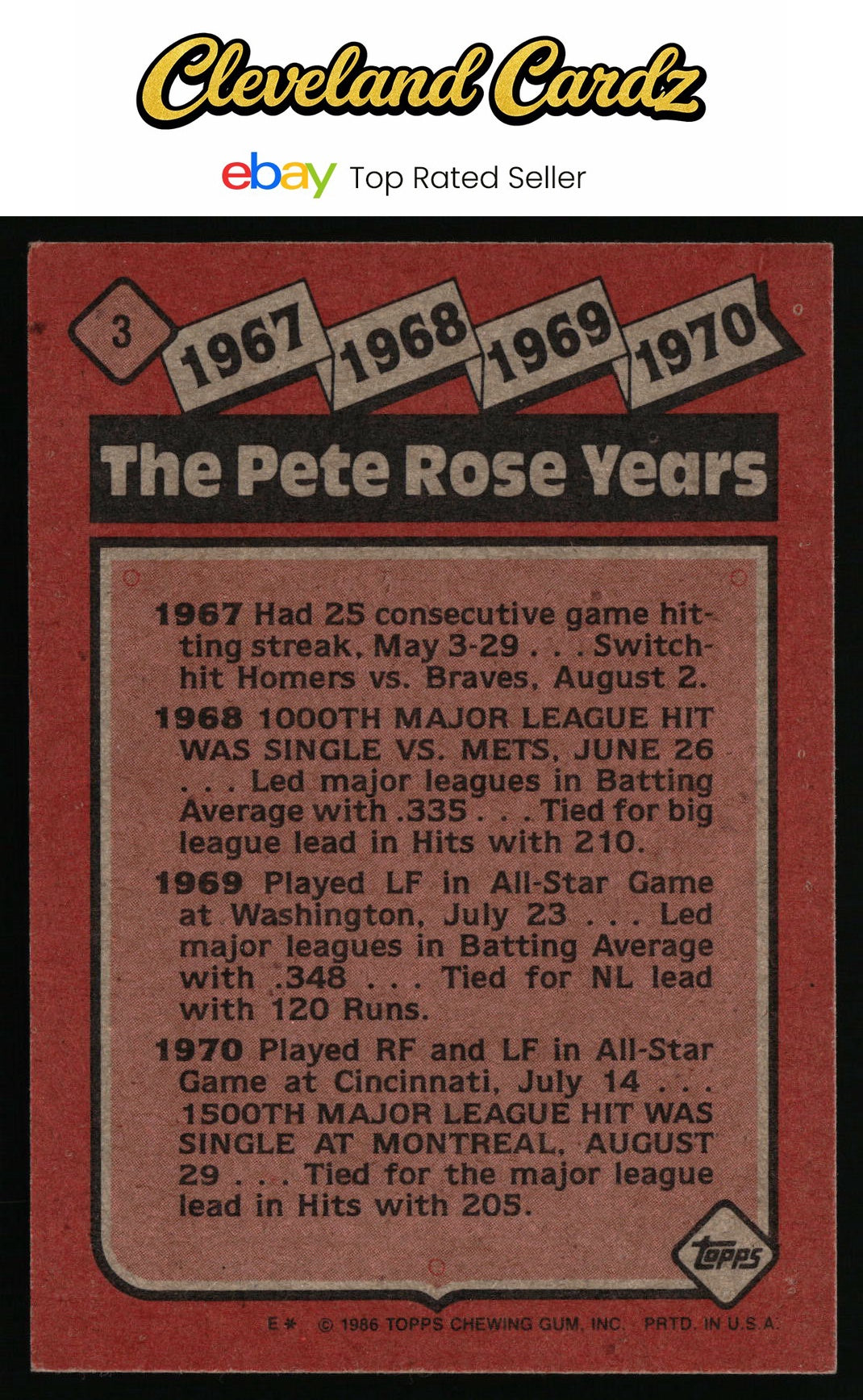 1986 Topps #3 The Pete Rose Years: 1967-1970 TPRY