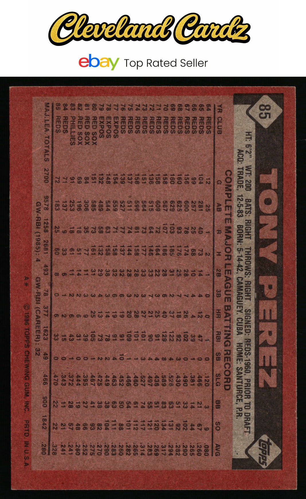 1986 Topps #85 Tony Perez