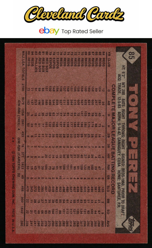 1986 Topps #85 Tony Perez