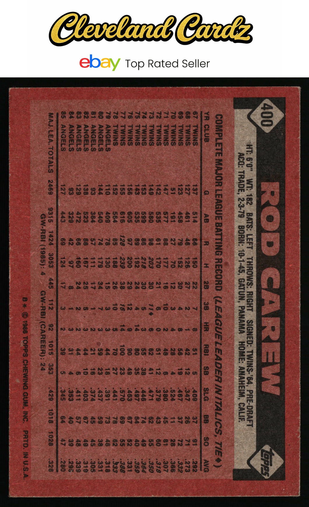 1986 Topps #400 Rod Carew