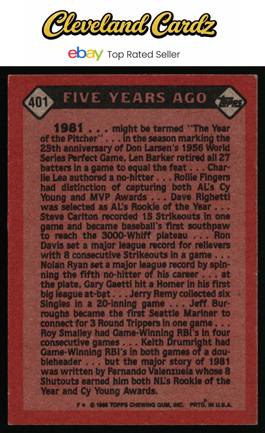 1986 Topps #401 Fernando Valenzuela