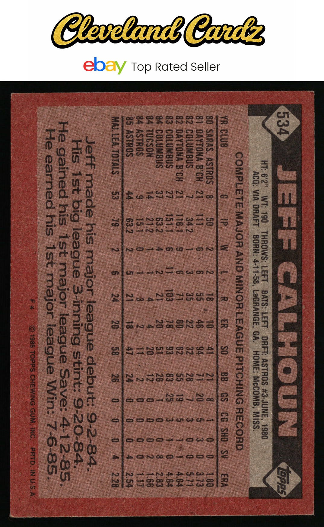 1986 Topps #534 Jeff Calhoun RC