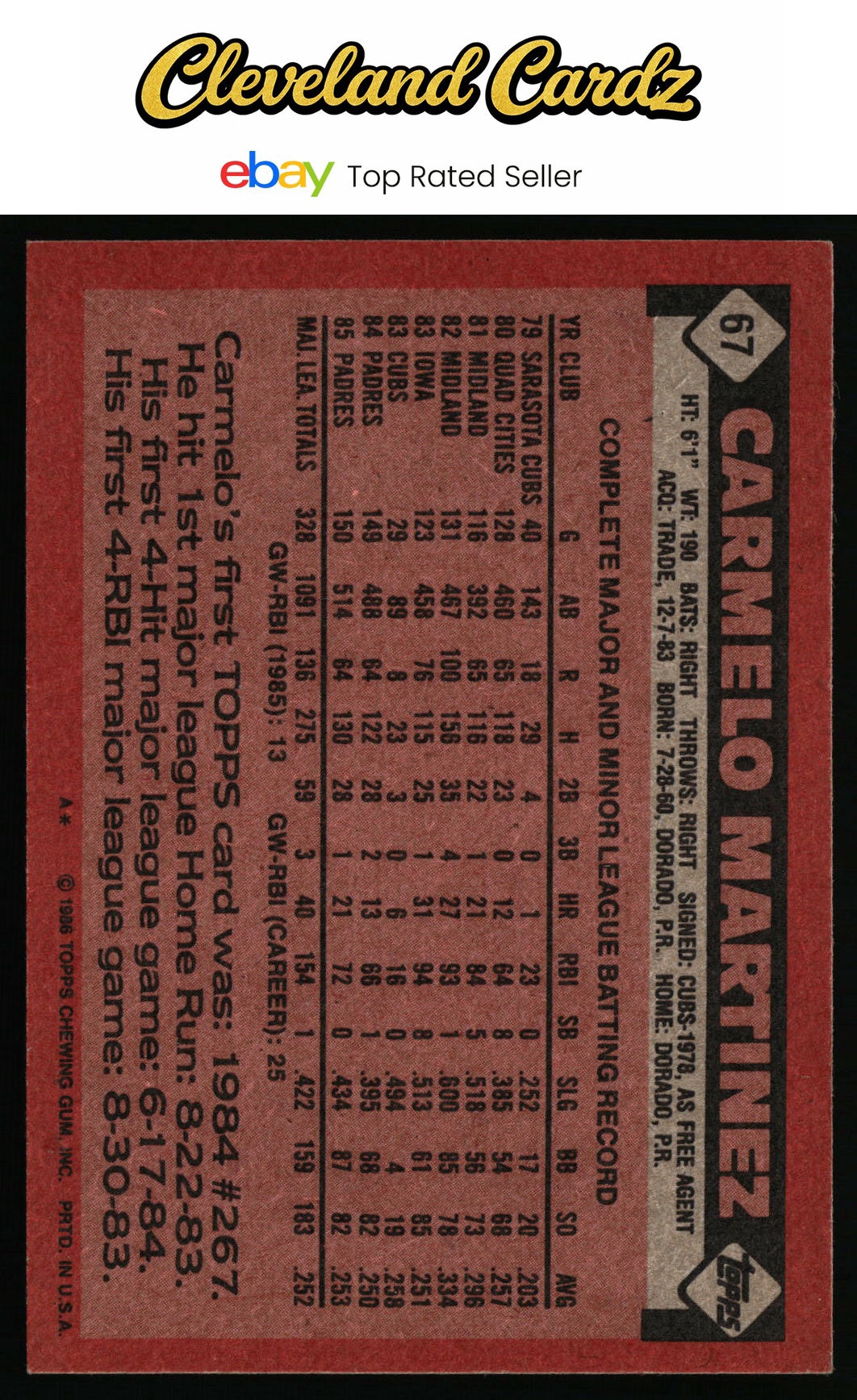 1986 Topps #67 Carmelo Martinez