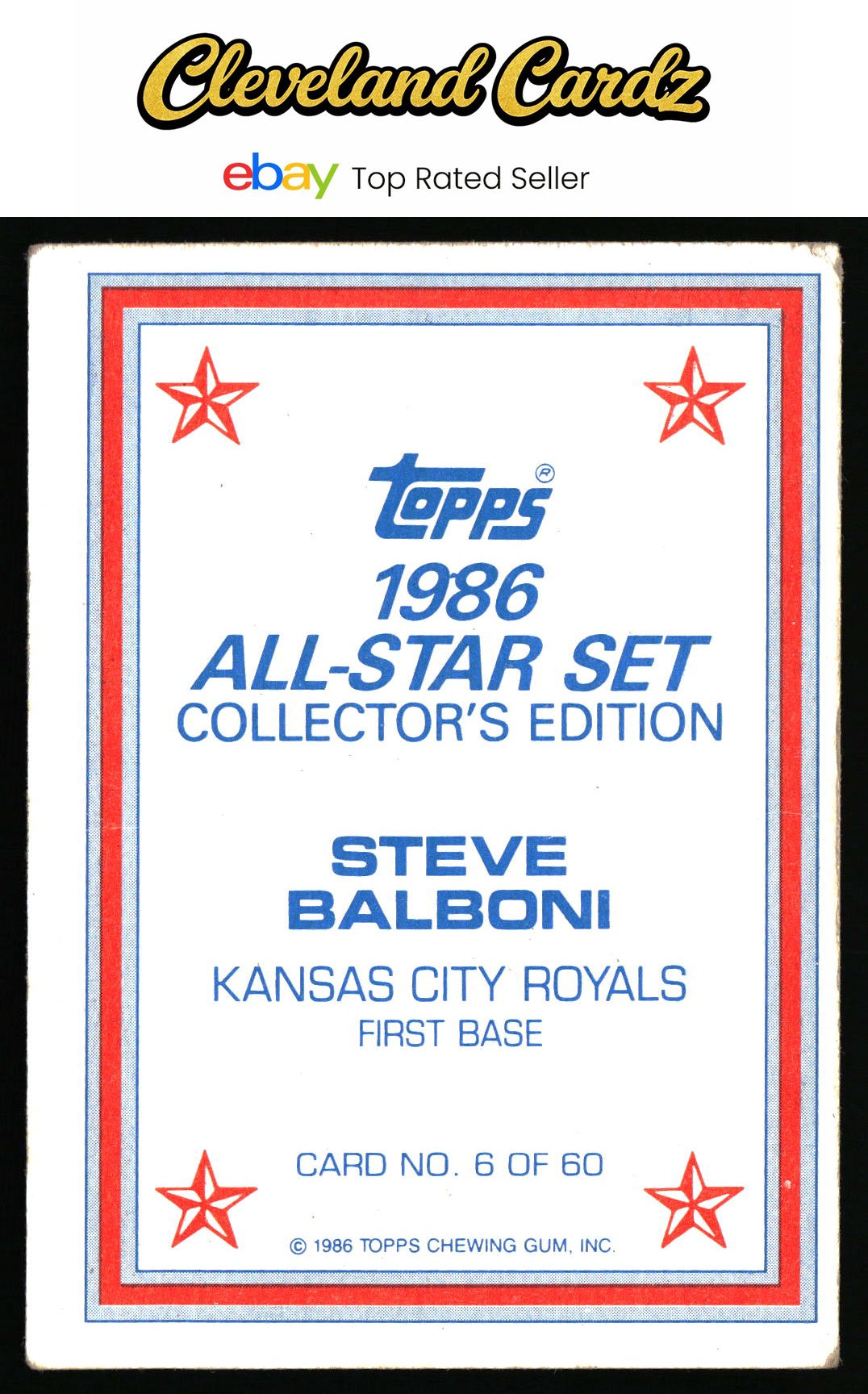 1986 Topps #6 Steve Balboni 1986 All-Star Set Collector's Edition