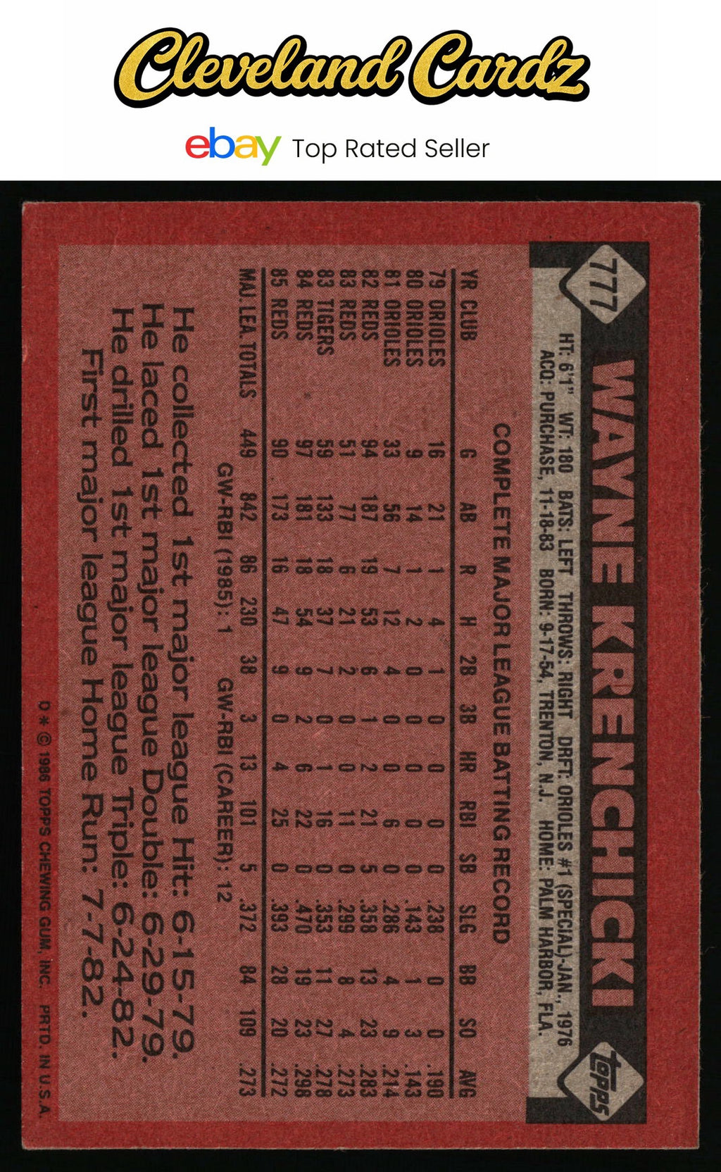 1986 Topps #777 Wayne Krenchicki