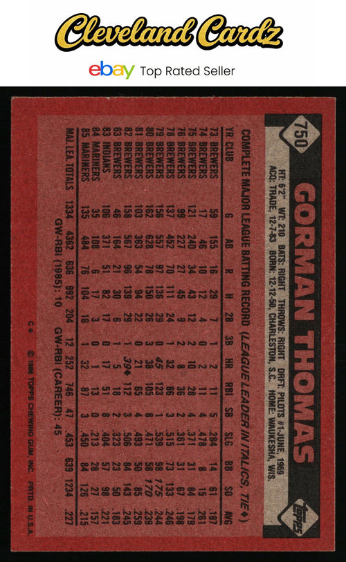 1986 Topps #750 Gorman Thomas