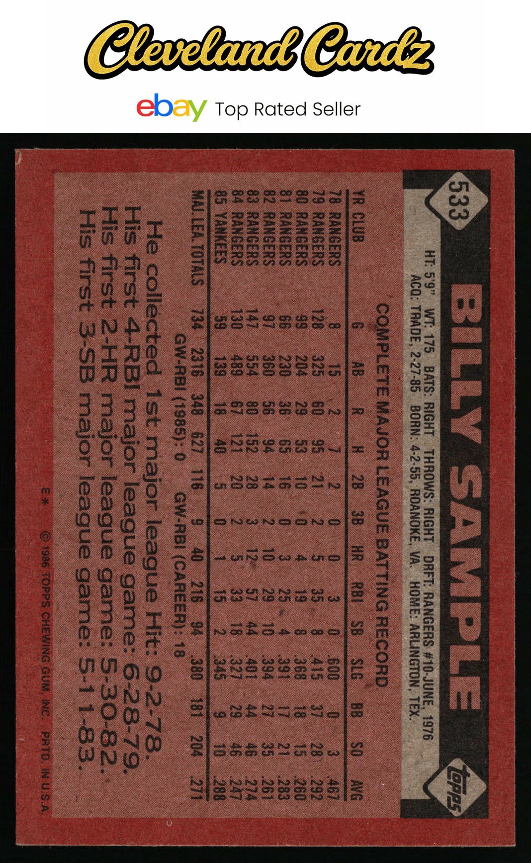 1986 Topps #533 Billy Sample