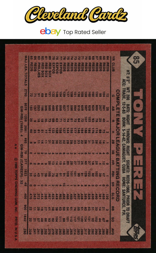 1986 Topps #85 Tony Perez