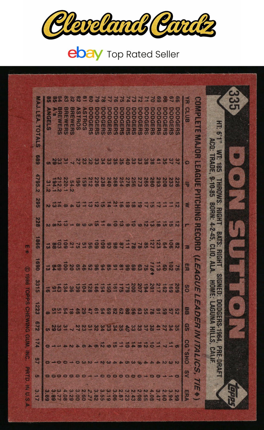 1986 Topps #335 Don Sutton