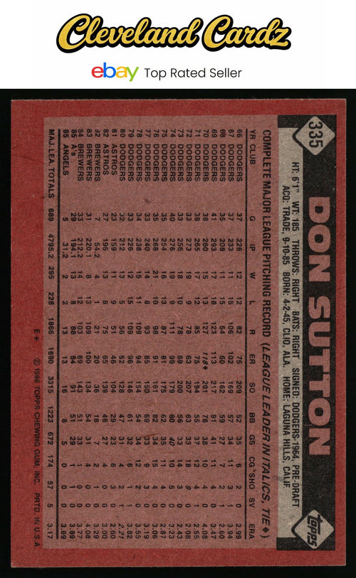 1986 Topps #335 Don Sutton