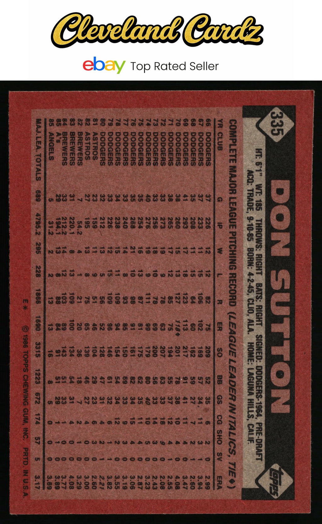 1986 Topps #335 Don Sutton