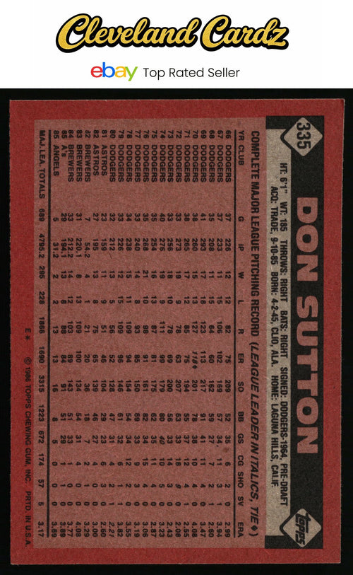 1986 Topps #335 Don Sutton