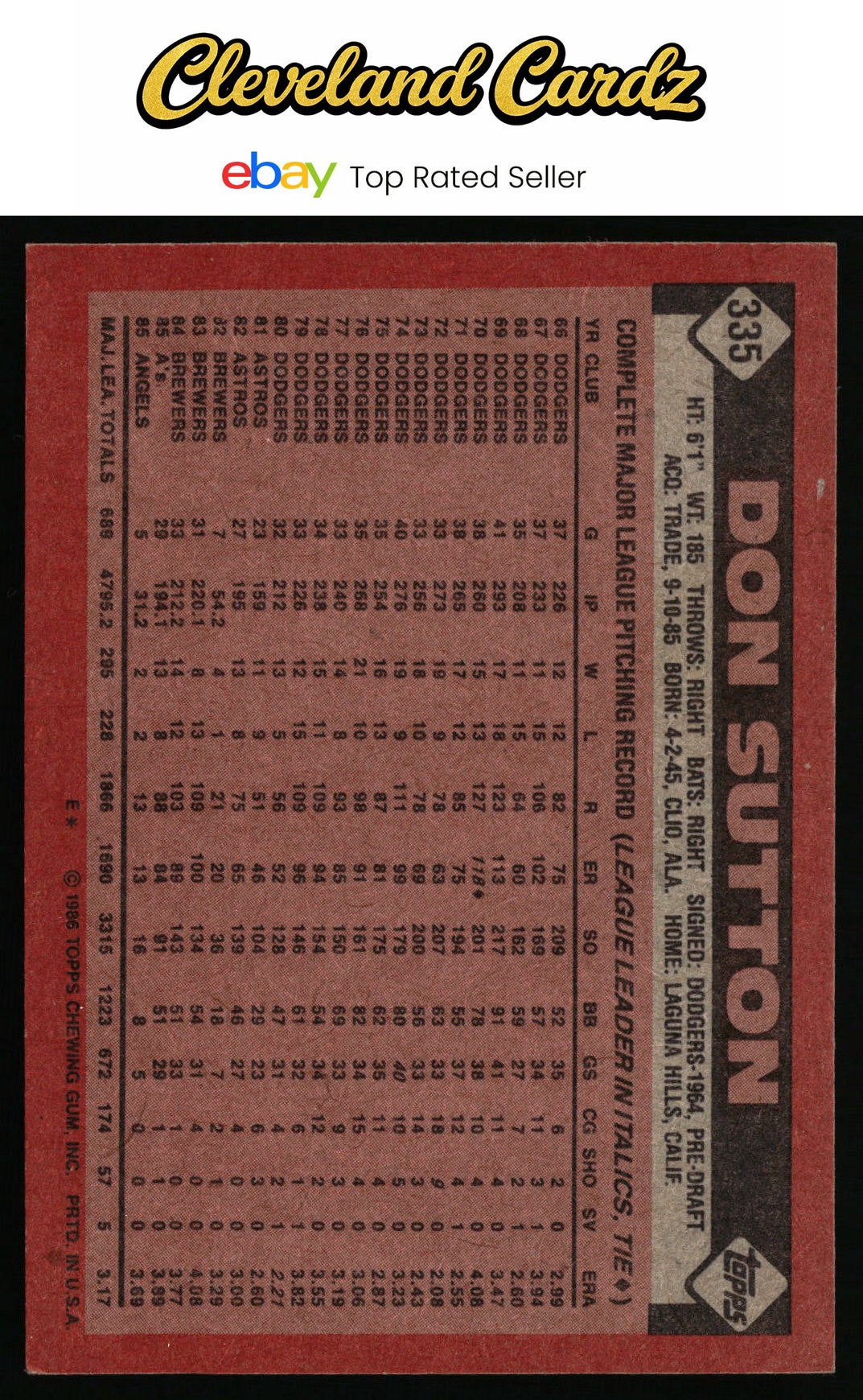 1986 Topps #335 Don Sutton