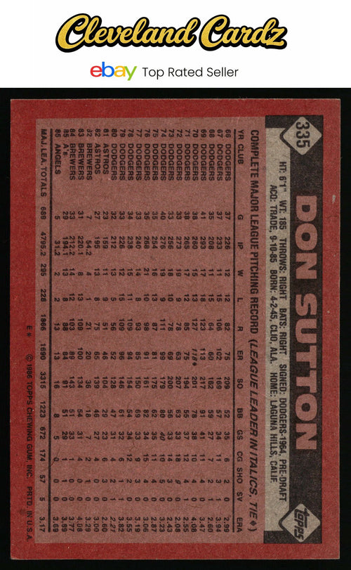 1986 Topps #335 Don Sutton