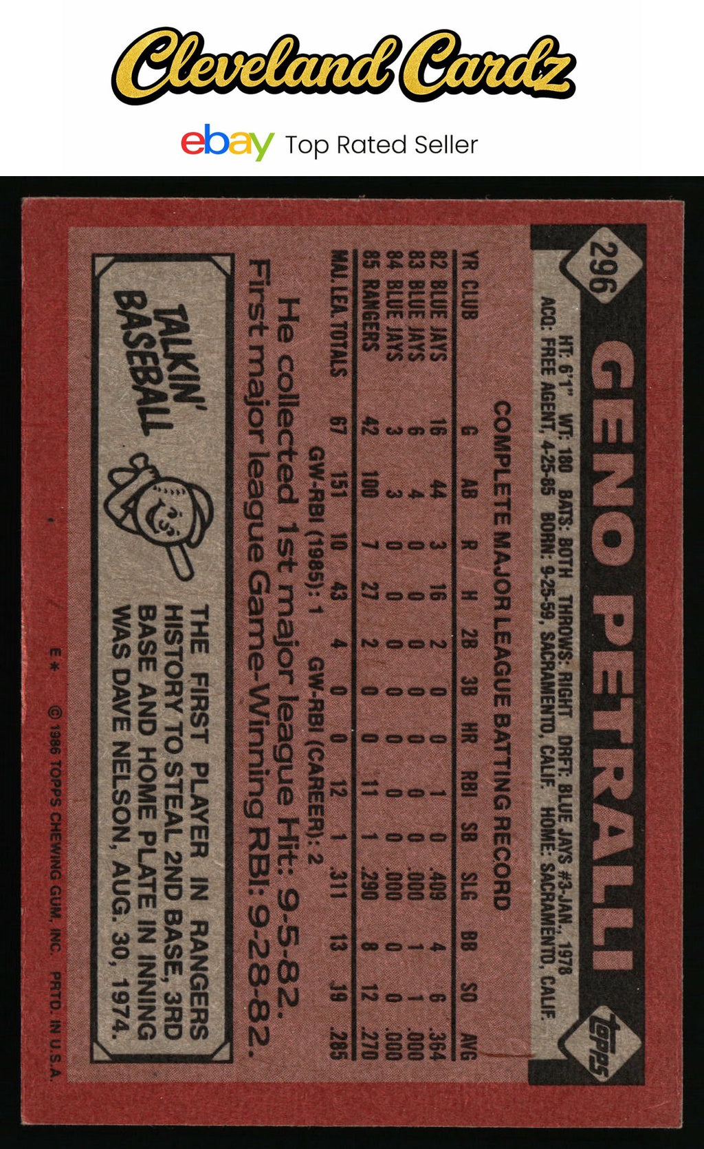 1986 Topps #296 Geno Petralli