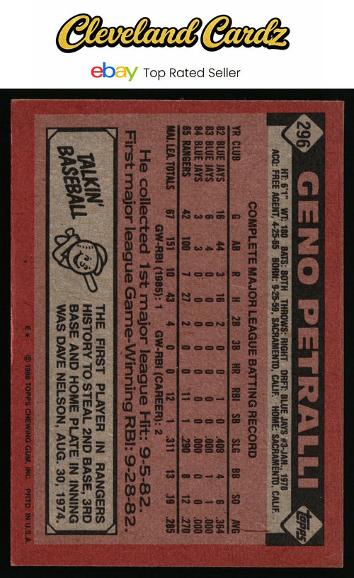 1986 Topps #296 Geno Petralli