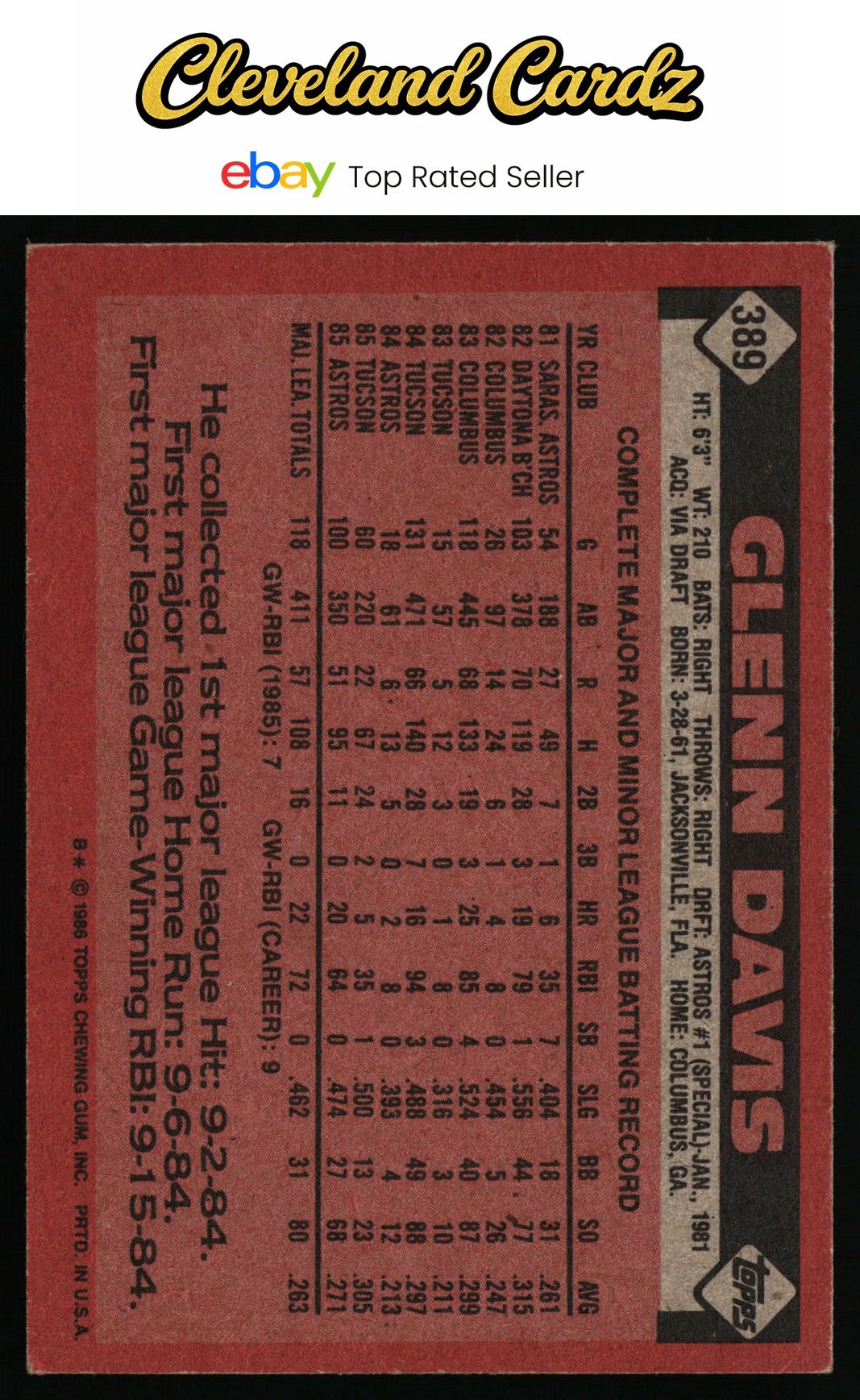 1986 Topps #389 Glenn Davis