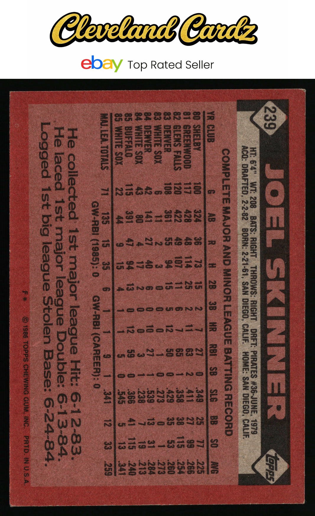 1986 Topps #239 Joel Skinner