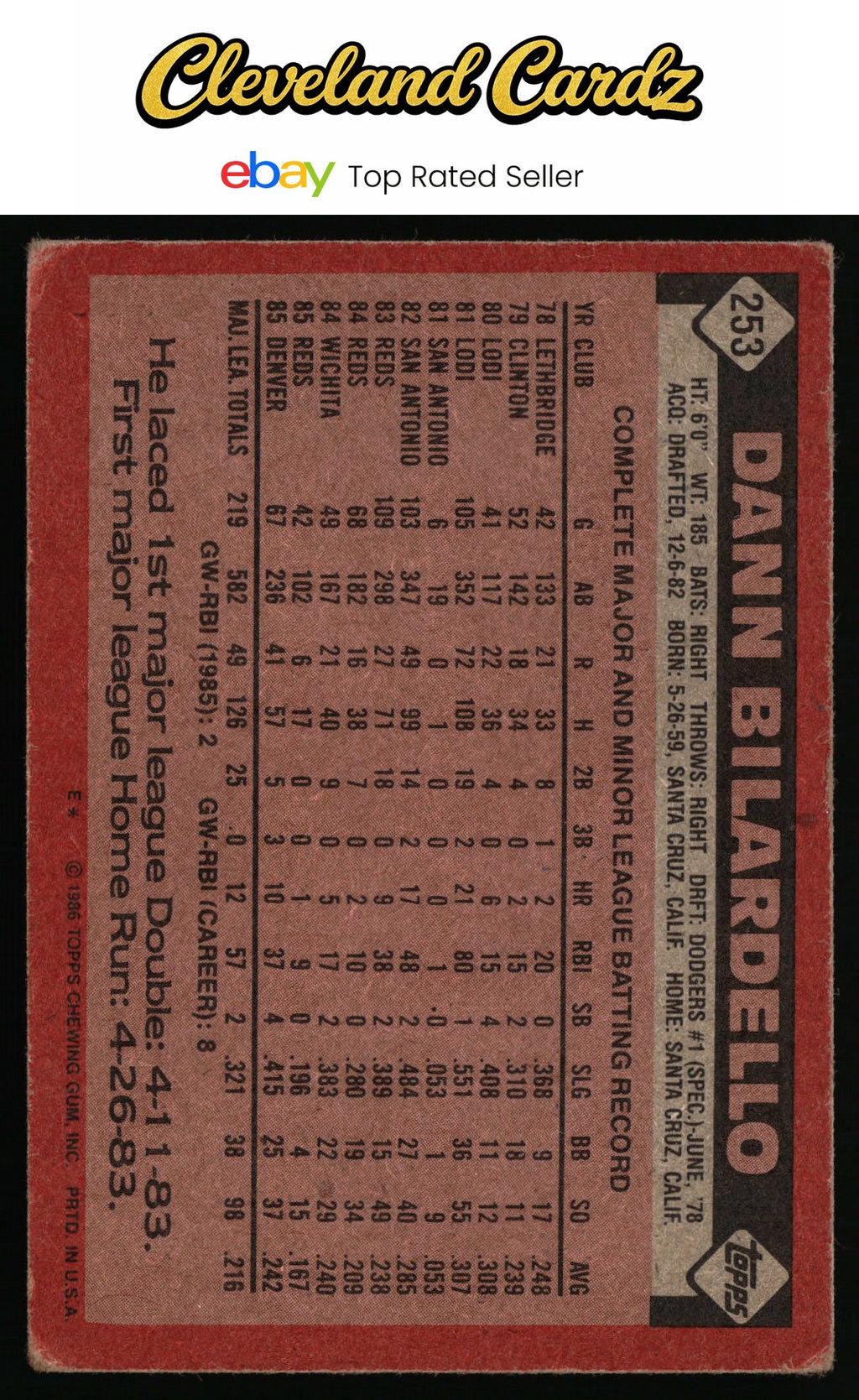 1986 Topps #253 Dann Bilardello