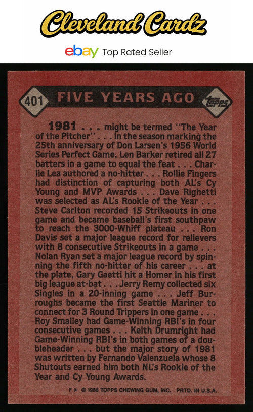 1986 Topps #401 Fernando Valenzuela