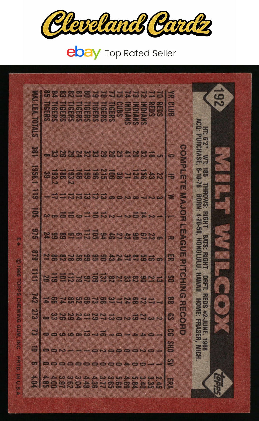 1986 Topps #192 Milt Wilcox