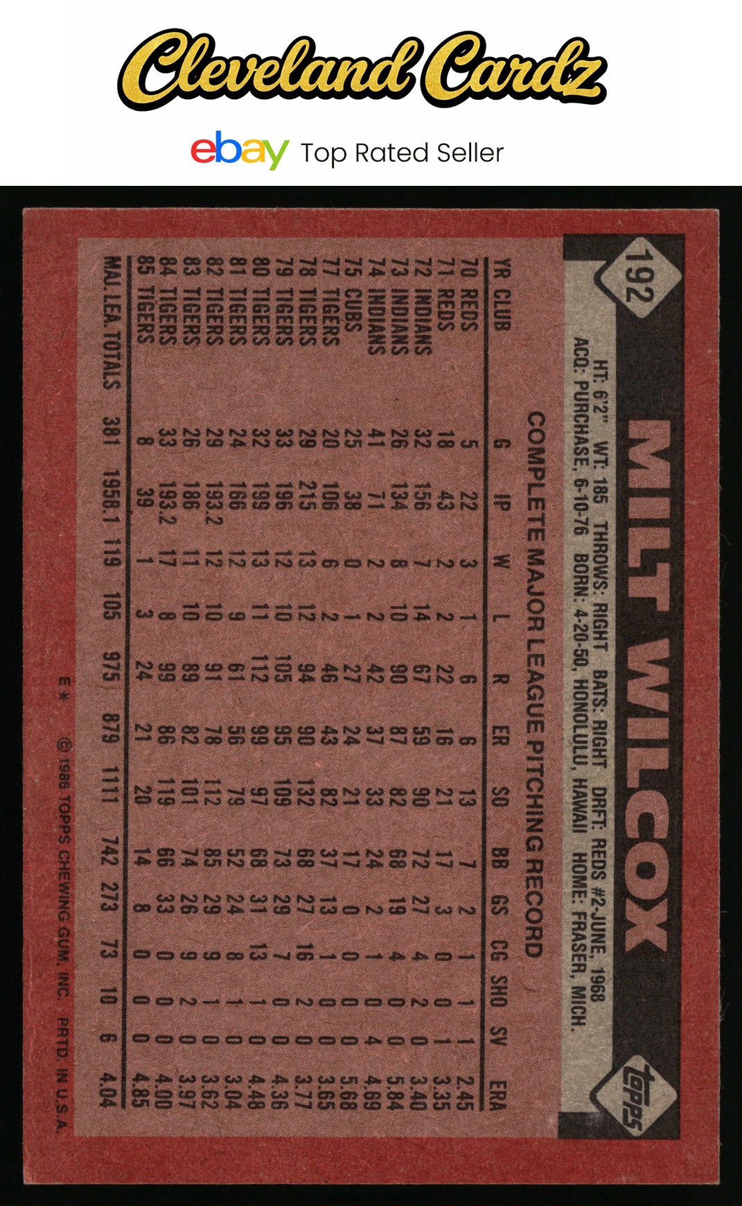 1986 Topps #192 Milt Wilcox